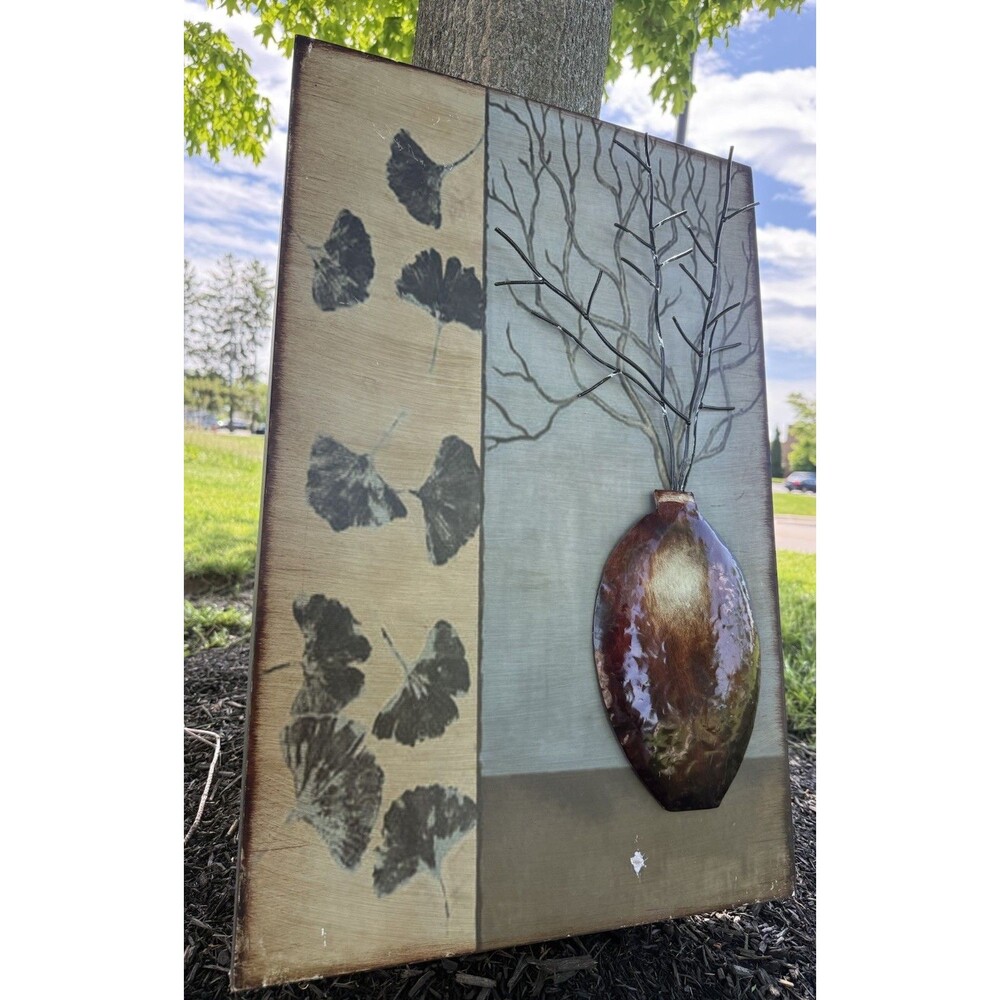 Gino Panel By Ted Zorns Metal Background Wood Frame Arched Metal Vase& Branches